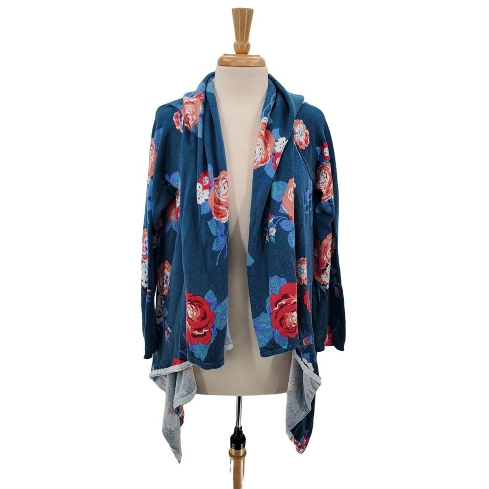 Matilda Jane Cozy Days Floral Cardigan Sweater Size L Waterfall Open Front Blue